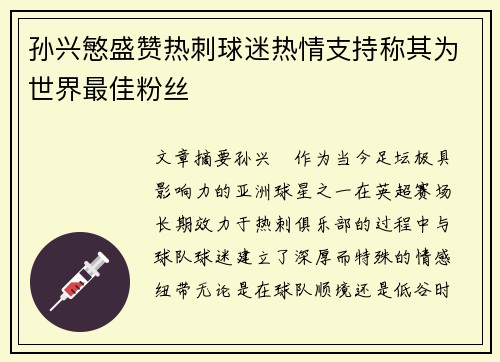 孙兴慜盛赞热刺球迷热情支持称其为世界最佳粉丝